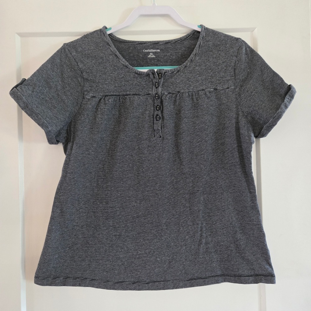 Croft & Barrow Shirt Womens XL Henley Black White Striped Cotton Short Sleeve - Picture 5 of 7